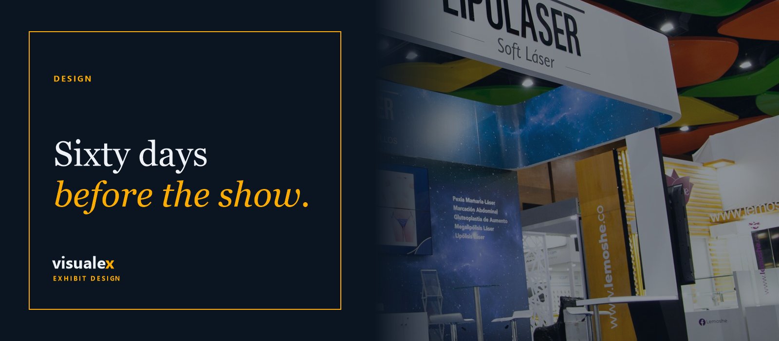 A tall custom exhibit structure with overhead branding